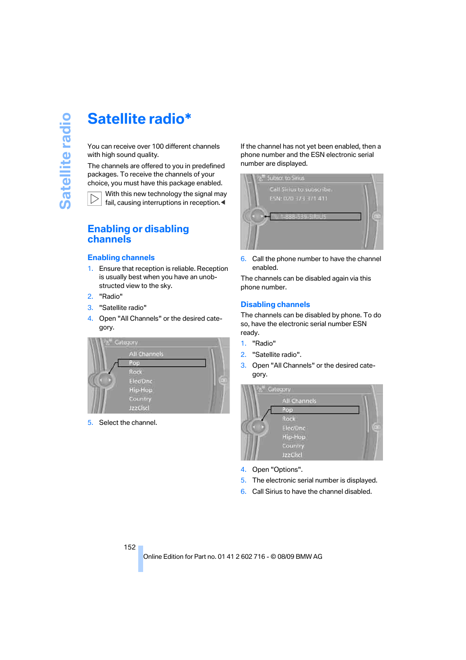 Satellite radio, Enabling or disabling channels, Sa tellite radi o | BMW 650i Convertible 2010 User Manual | Page 154 / 252