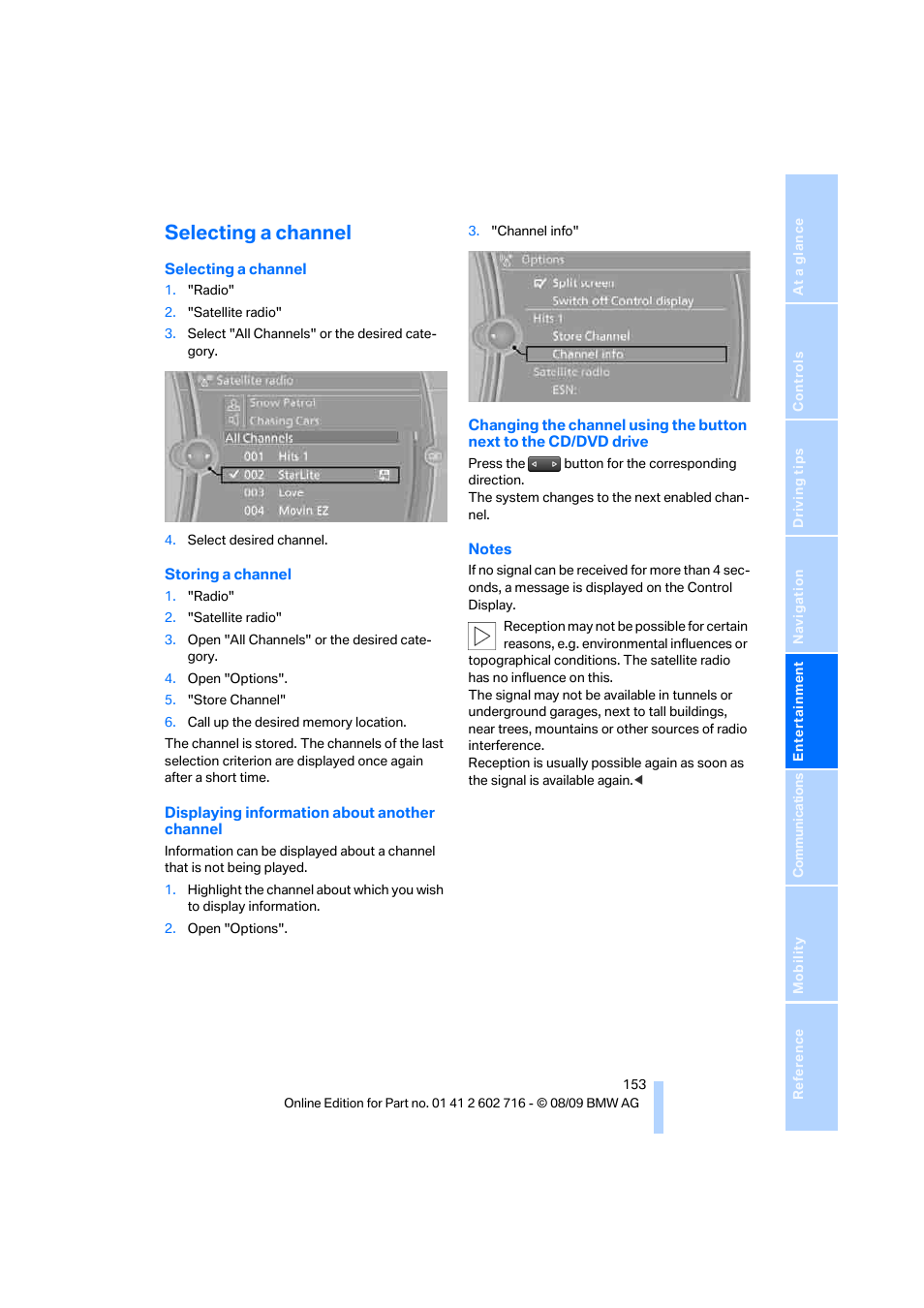 Selecting a channel | BMW 650i Convertible 2010 User Manual | Page 155 / 252