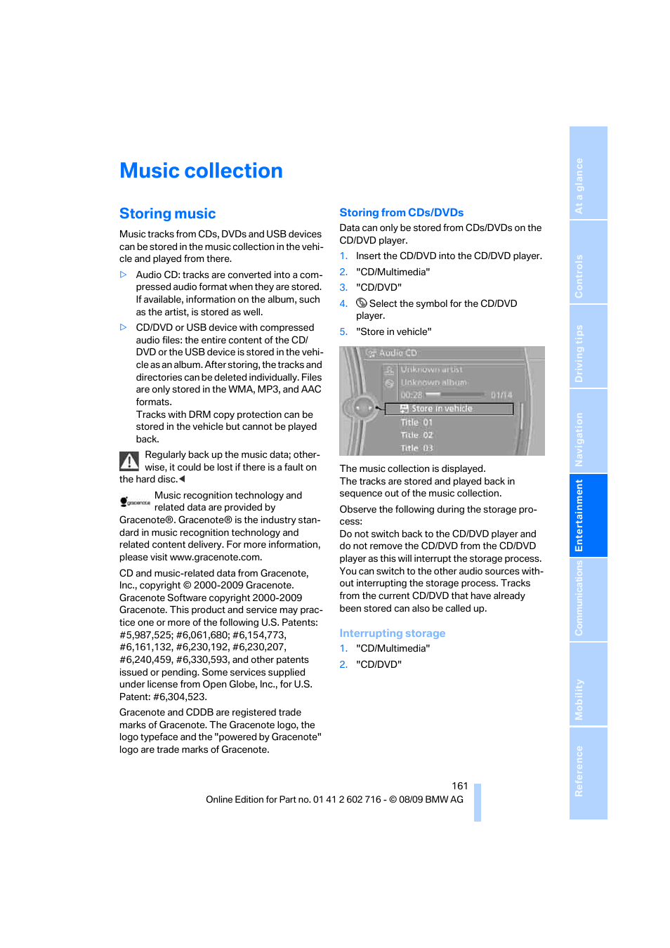 Music collection, Storing music | BMW 650i Convertible 2010 User Manual | Page 163 / 252