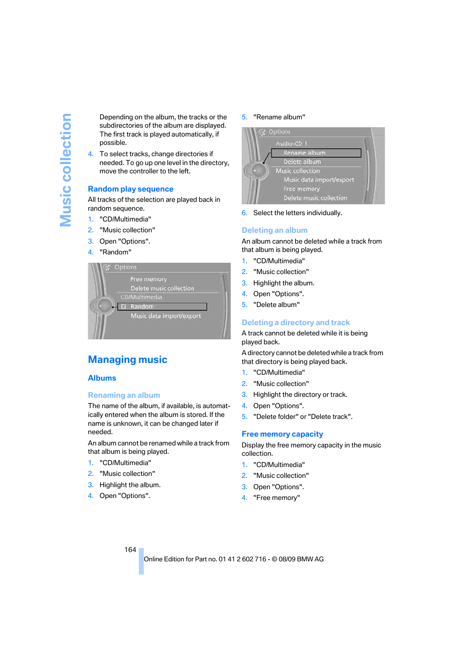 Managing music, Music collection | BMW 650i Convertible 2010 User Manual | Page 166 / 252