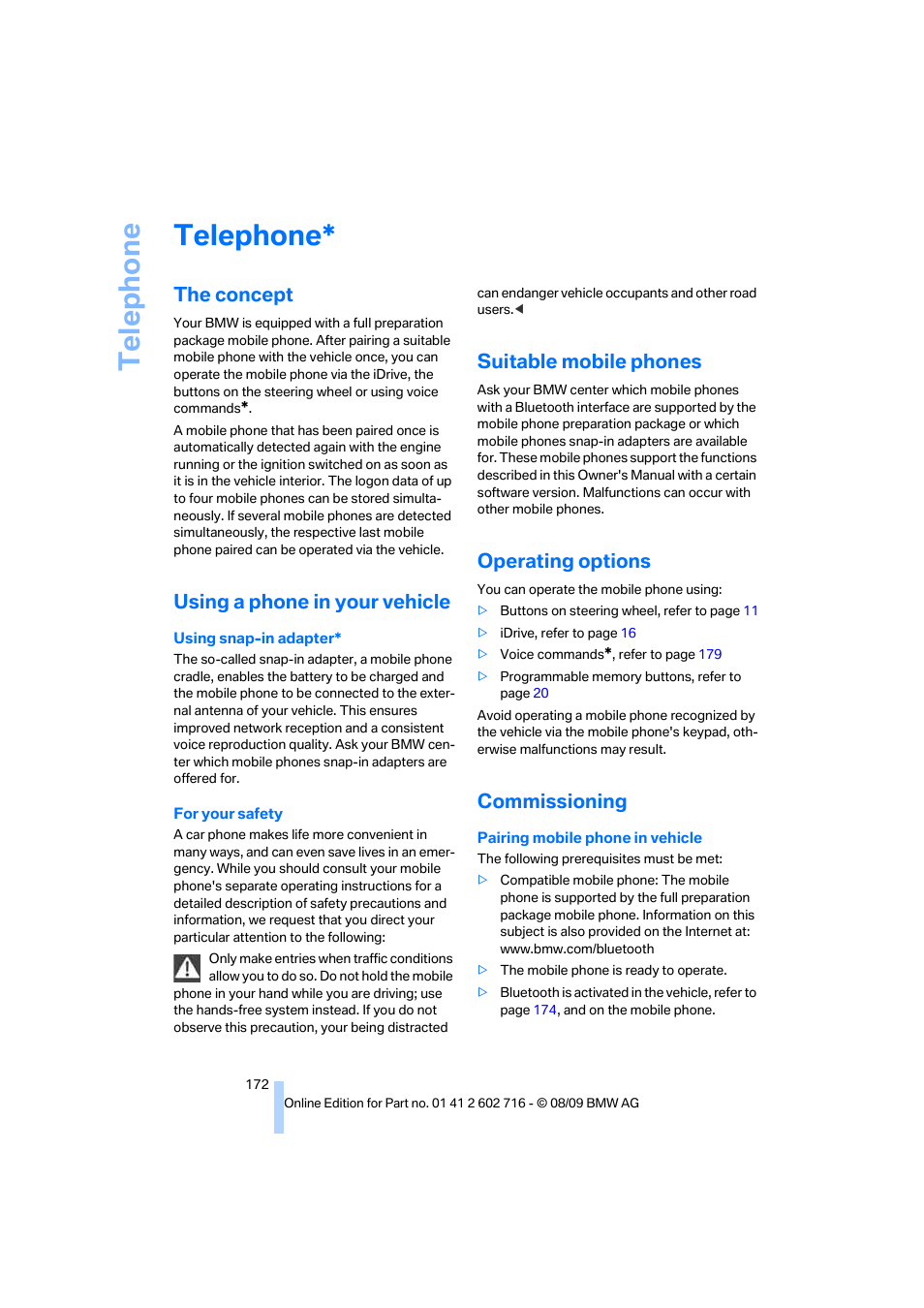 Telephone, The concept, Using a phone in your vehicle | Suitable mobile phones, Operating options, Commissioning | BMW 650i Convertible 2010 User Manual | Page 174 / 252