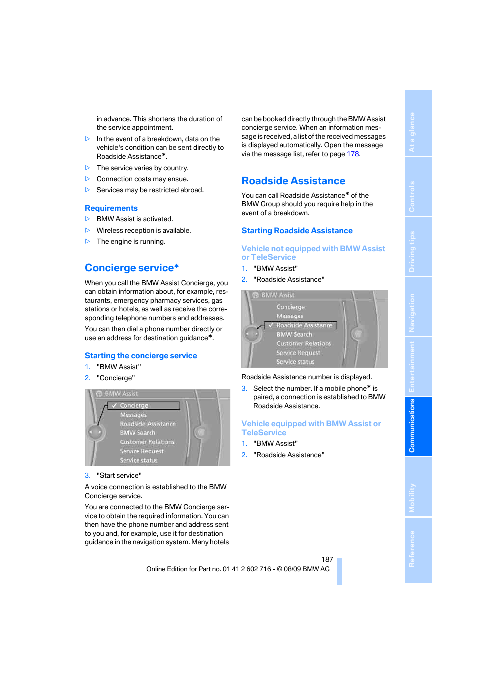 Concierge service, Roadside assistance | BMW 650i Convertible 2010 User Manual | Page 189 / 252