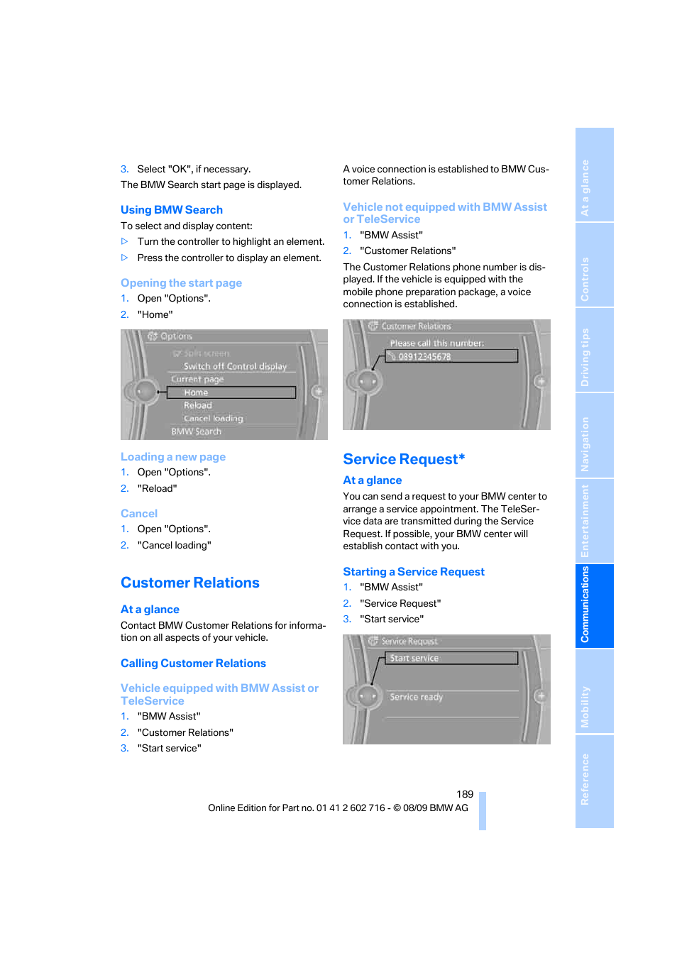 Customer relations, Service request | BMW 650i Convertible 2010 User Manual | Page 191 / 252