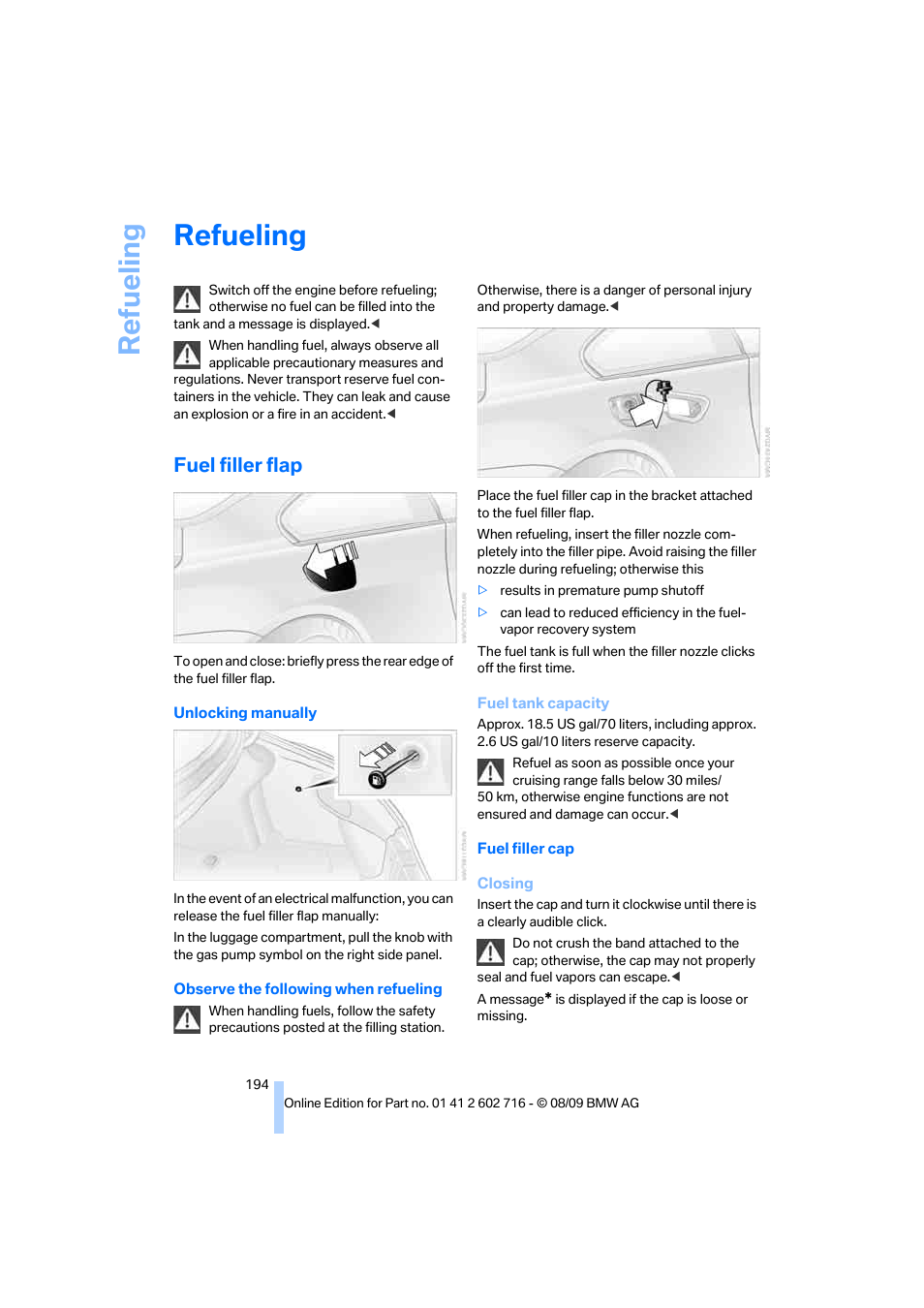 Refueling, Fuel filler flap, Lity | Re fueling | BMW 650i Convertible 2010 User Manual | Page 196 / 252