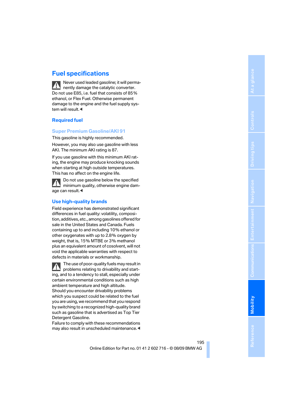 Fuel specifications | BMW 650i Convertible 2010 User Manual | Page 197 / 252