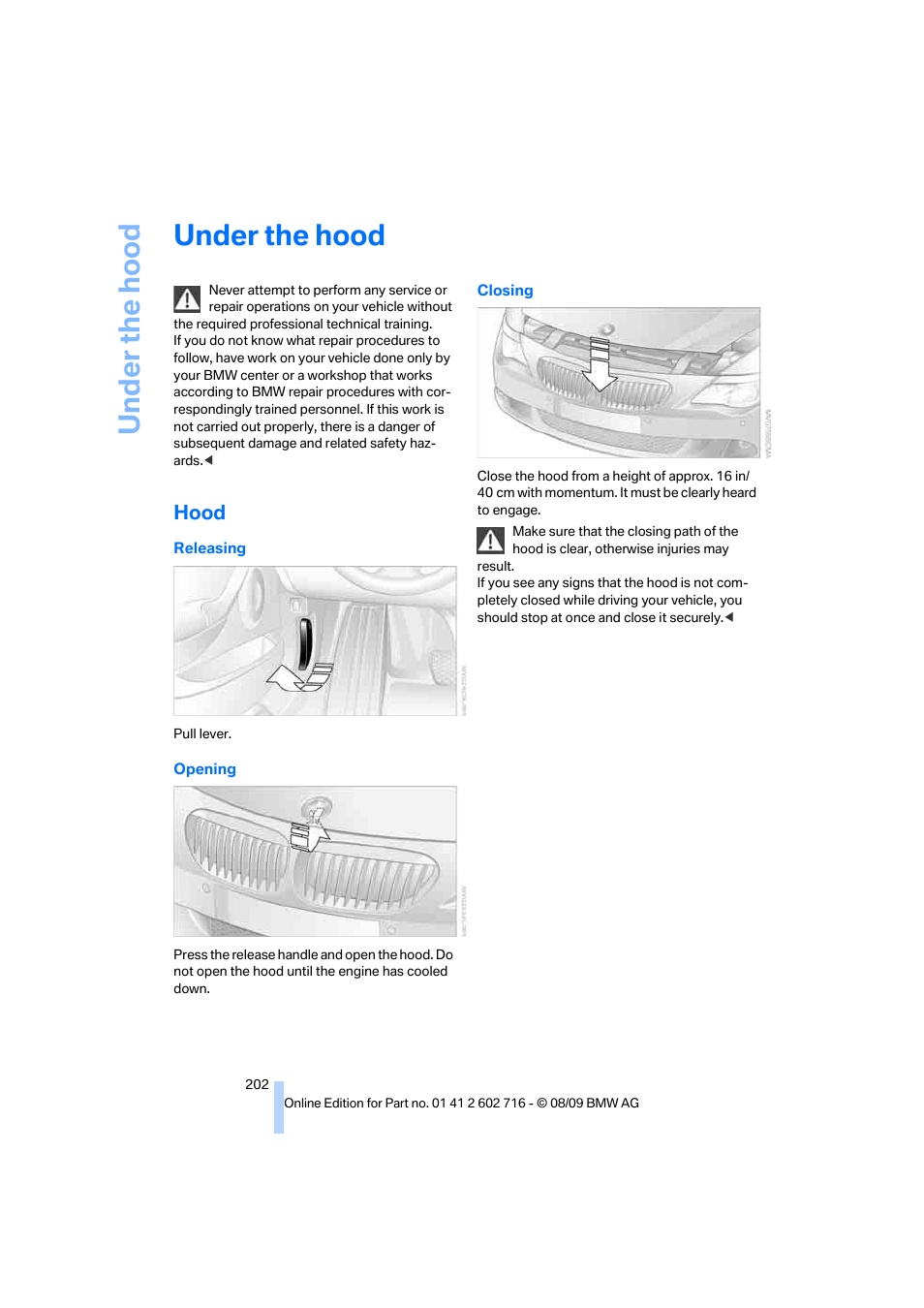 Under the hood, Hood | BMW 650i Convertible 2010 User Manual | Page 204 / 252