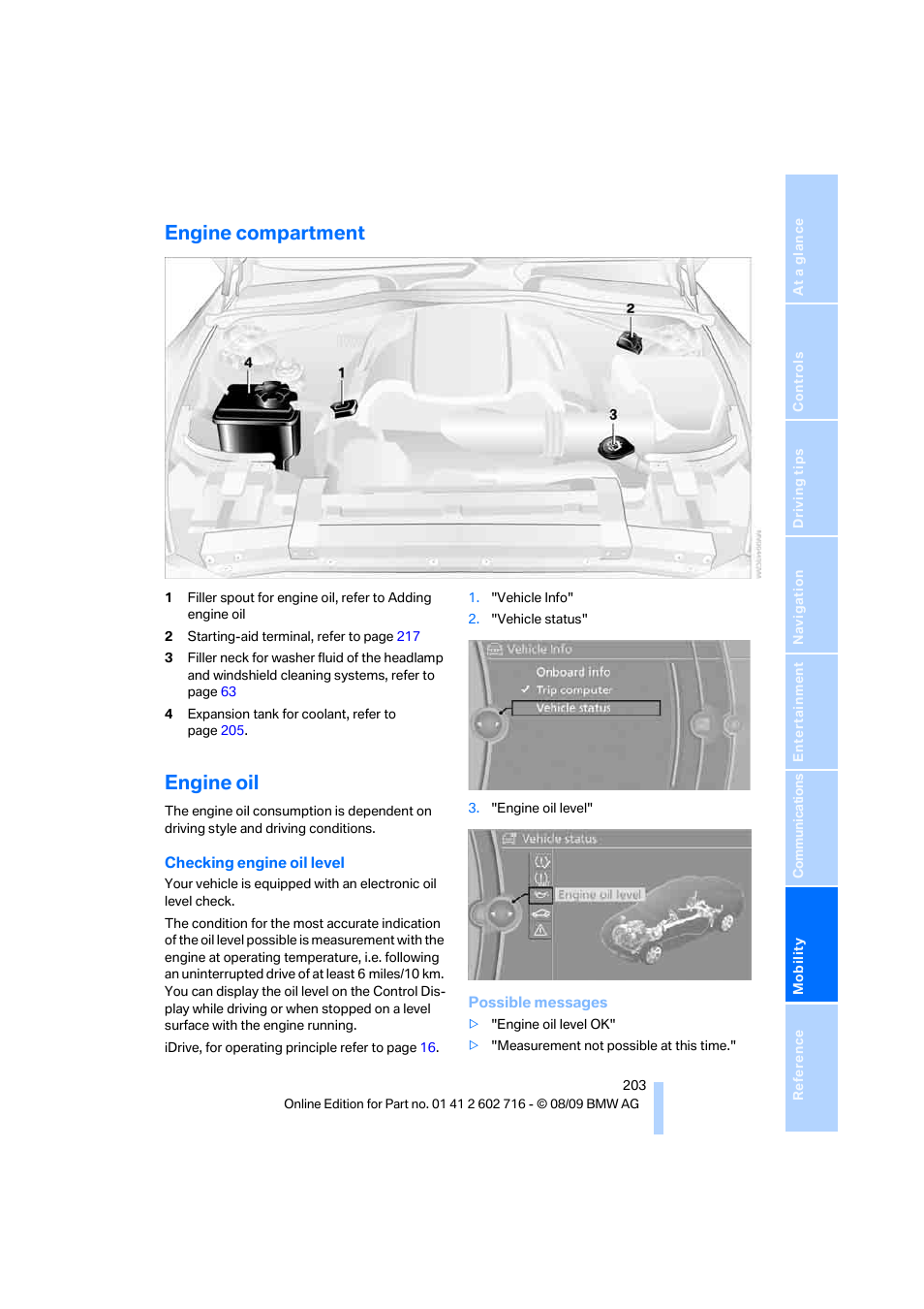 Engine compartment, Engine oil | BMW 650i Convertible 2010 User Manual | Page 205 / 252