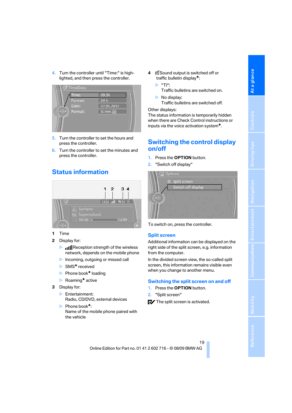 Status information, Switching the control display on/off | BMW 650i Convertible 2010 User Manual | Page 21 / 252