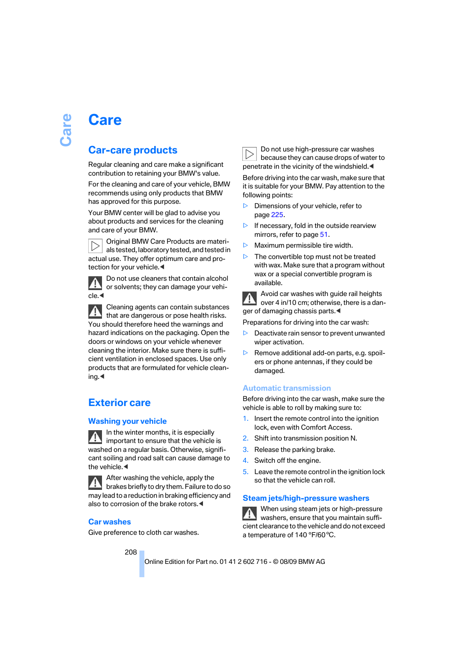 Care, Car-care products, Exterior care | BMW 650i Convertible 2010 User Manual | Page 210 / 252