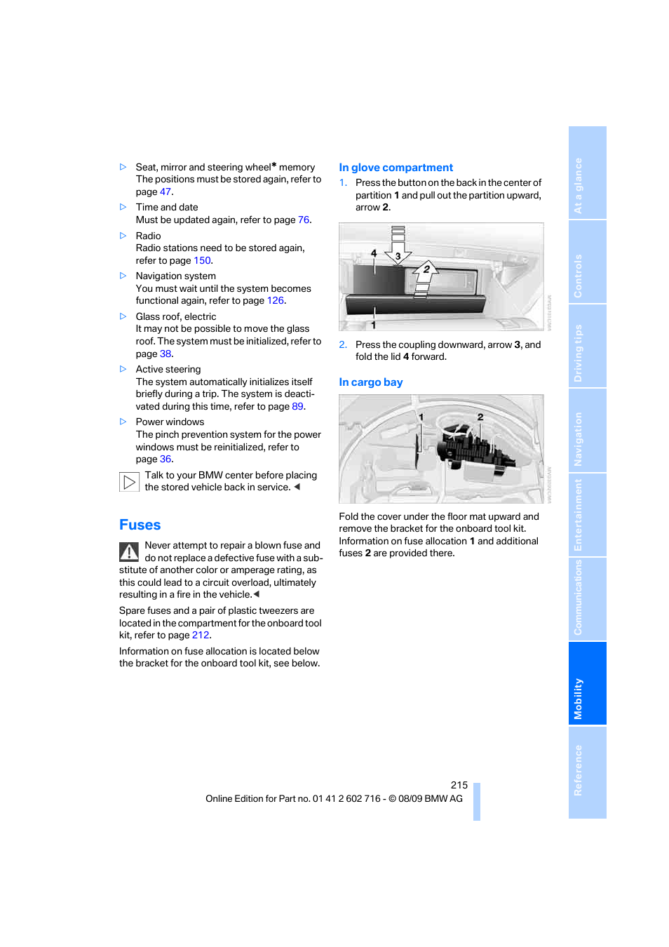 Fuses | BMW 650i Convertible 2010 User Manual | Page 217 / 252