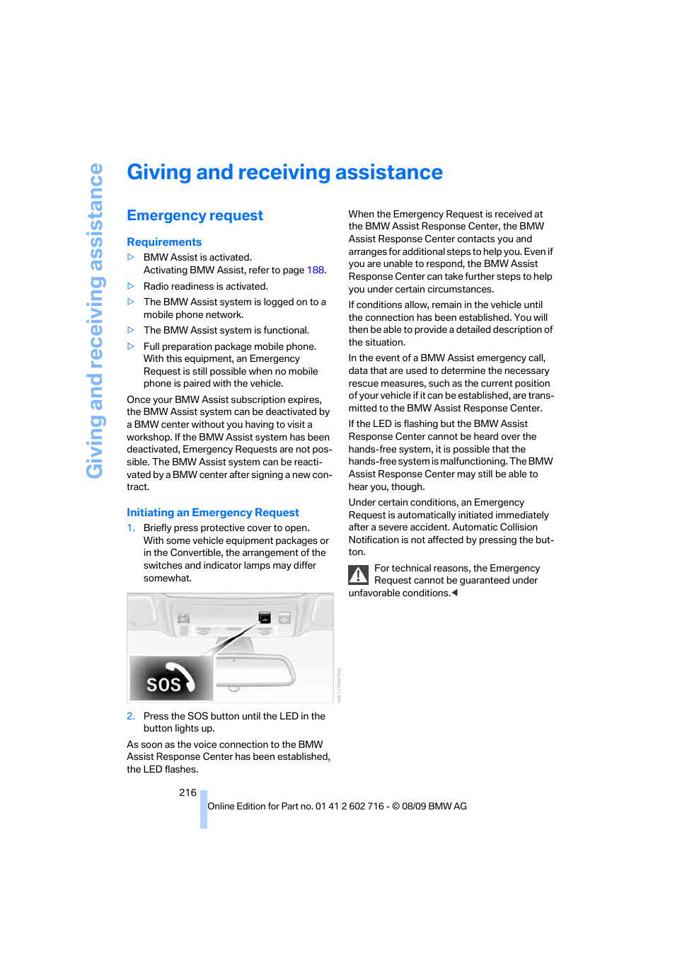 Giving and receiving assistance, Emergency request, Giving and receiv ing as sistance | BMW 650i Convertible 2010 User Manual | Page 218 / 252