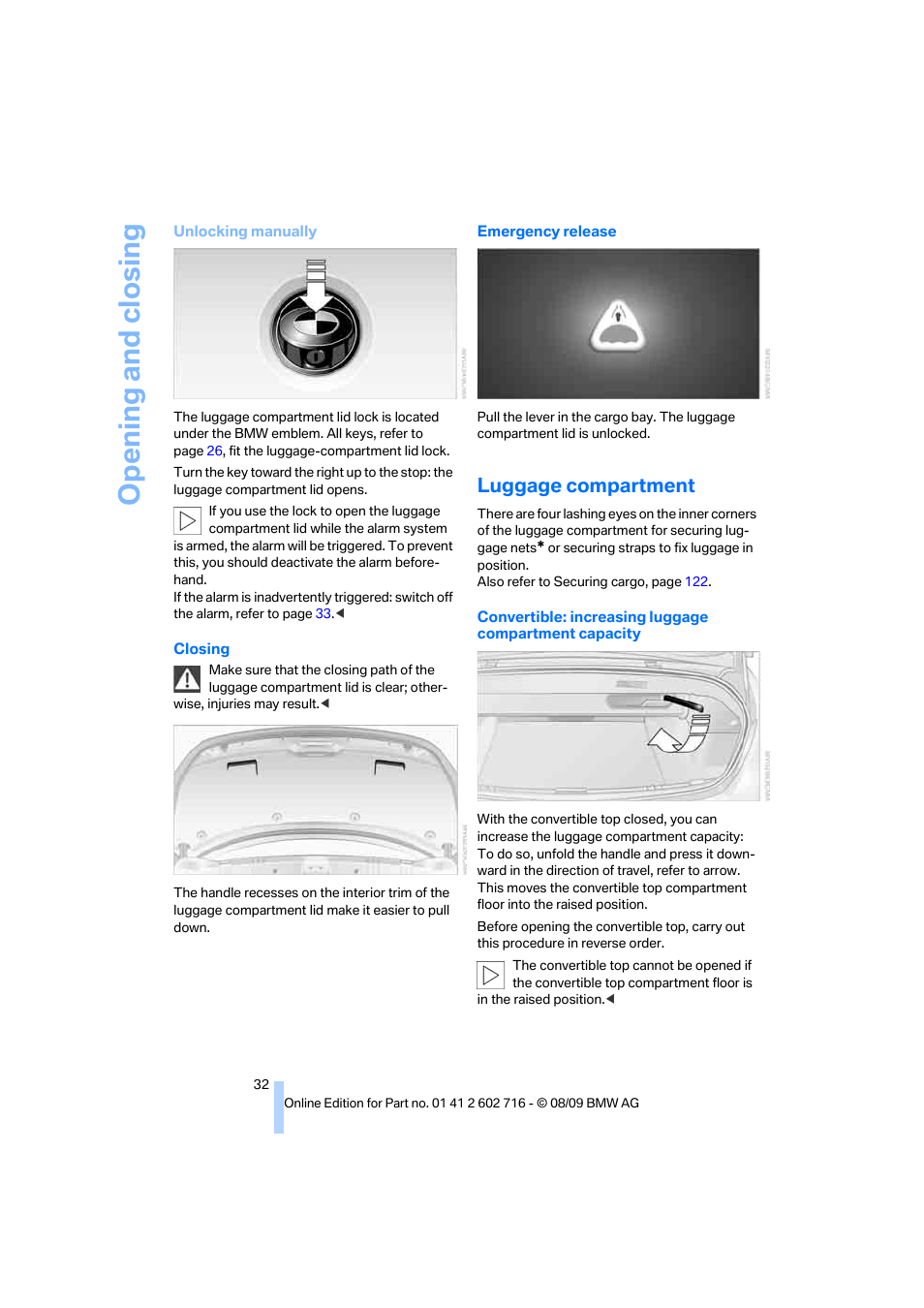 Luggage compartment, Opening and closing | BMW 650i Convertible 2010 User Manual | Page 34 / 252