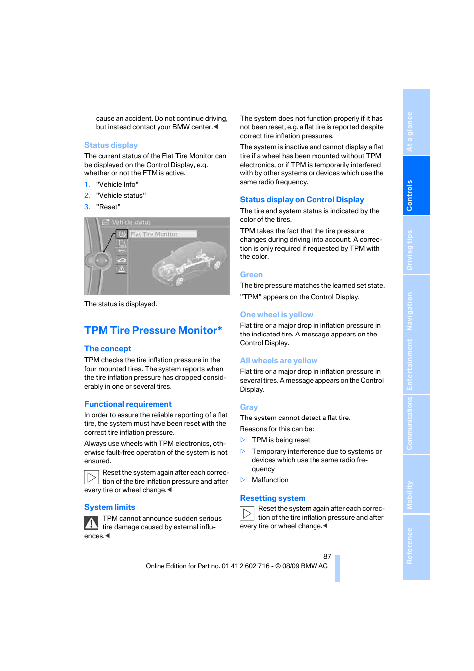 Tpm tire pressure monitor | BMW 650i Convertible 2010 User Manual | Page 89 / 252