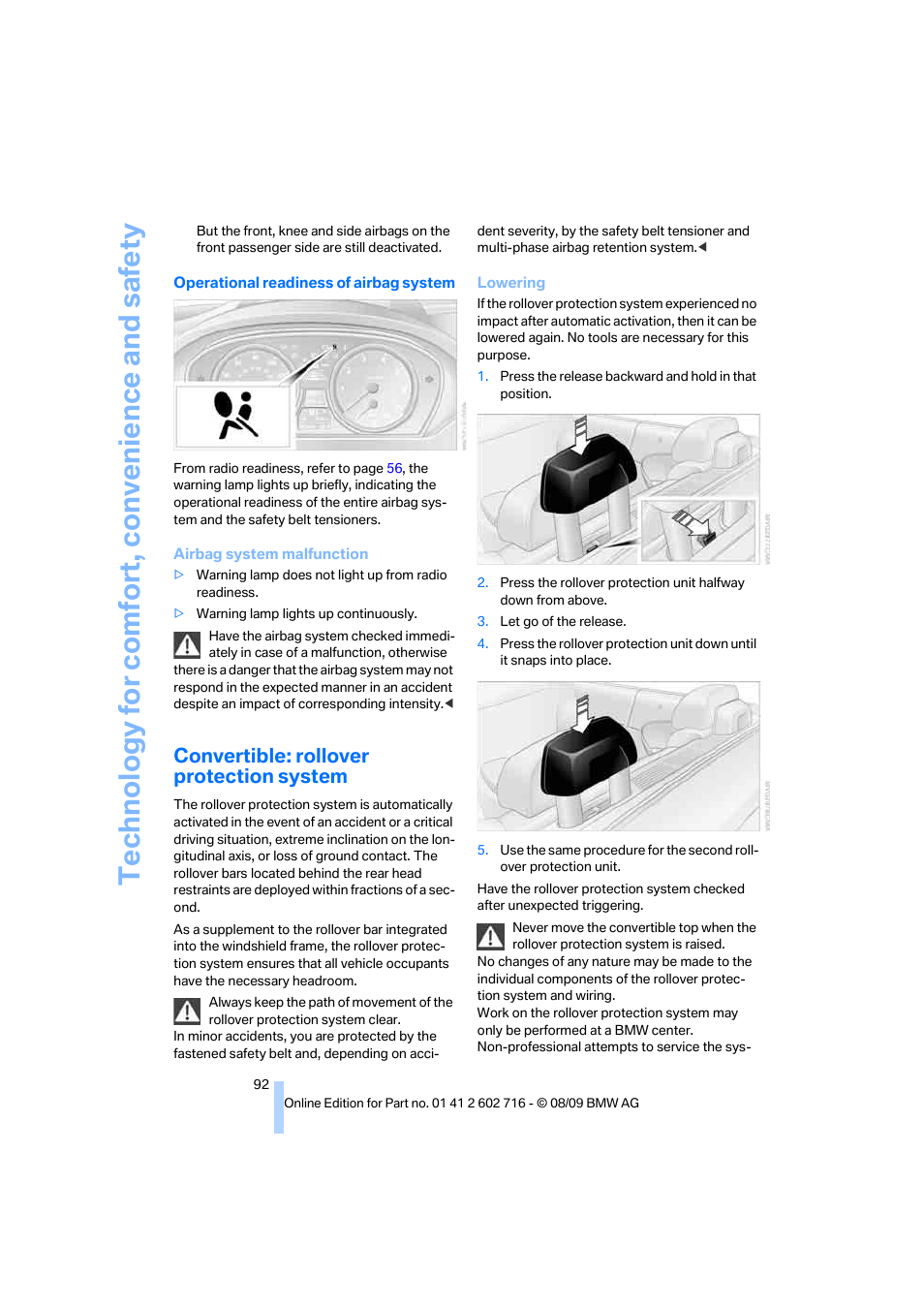 Convertible: rollover protection system | BMW 650i Convertible 2010 User Manual | Page 94 / 252