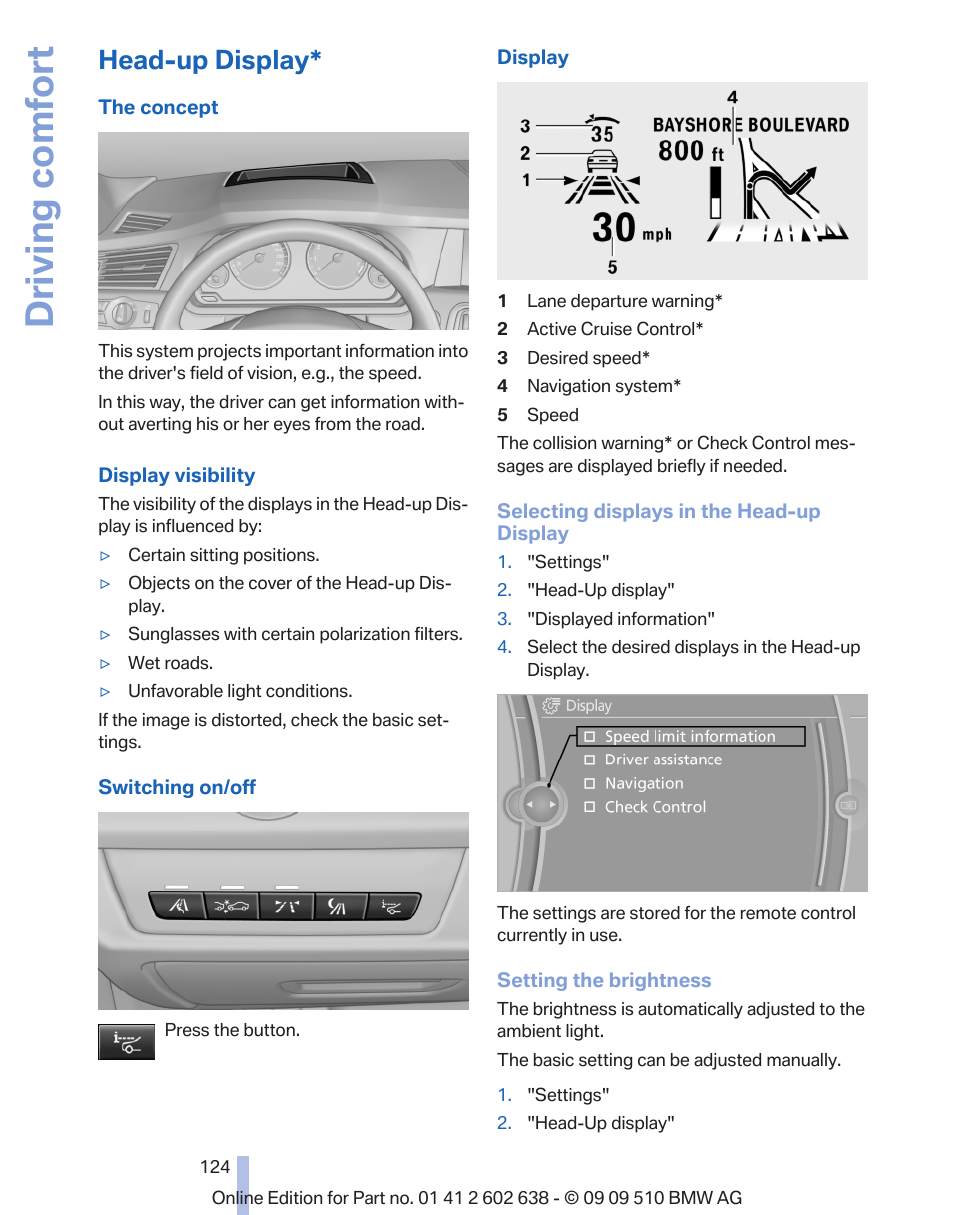 Head-up display, Head-up display* 124, Selec | Driving comfort | BMW 760Li Sedan 2010 User Manual | Page 124 / 280