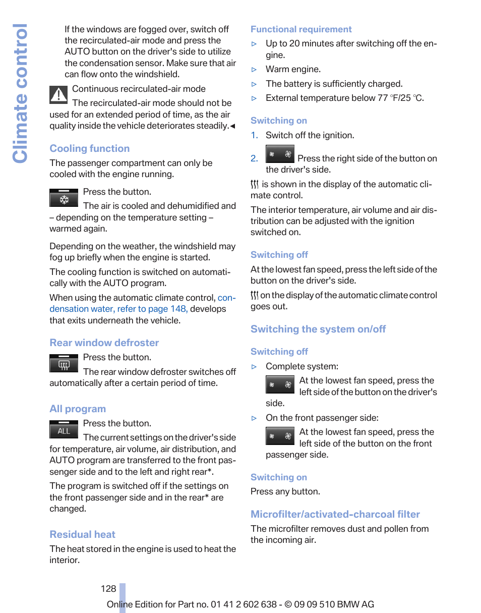 Climate control | BMW 760Li Sedan 2010 User Manual | Page 128 / 280