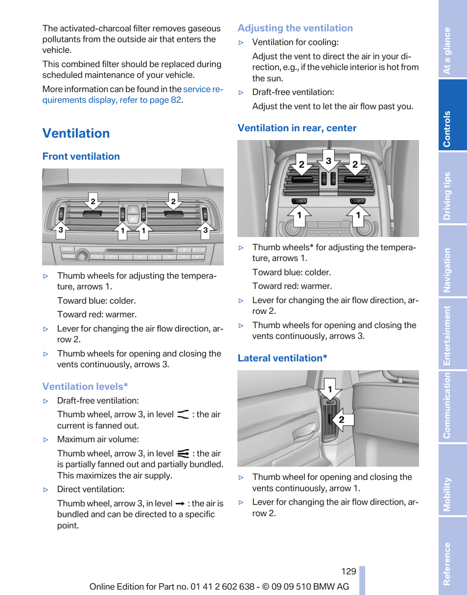 Ventilation, Air vent 129 | BMW 760Li Sedan 2010 User Manual | Page 129 / 280