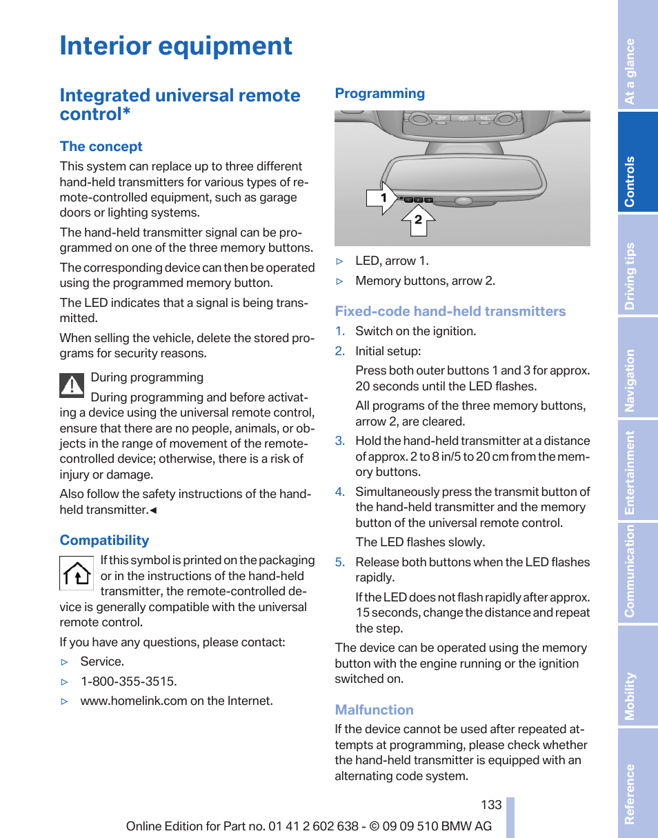 Interior equipment, Integrated universal remote control | BMW 760Li Sedan 2010 User Manual | Page 133 / 280