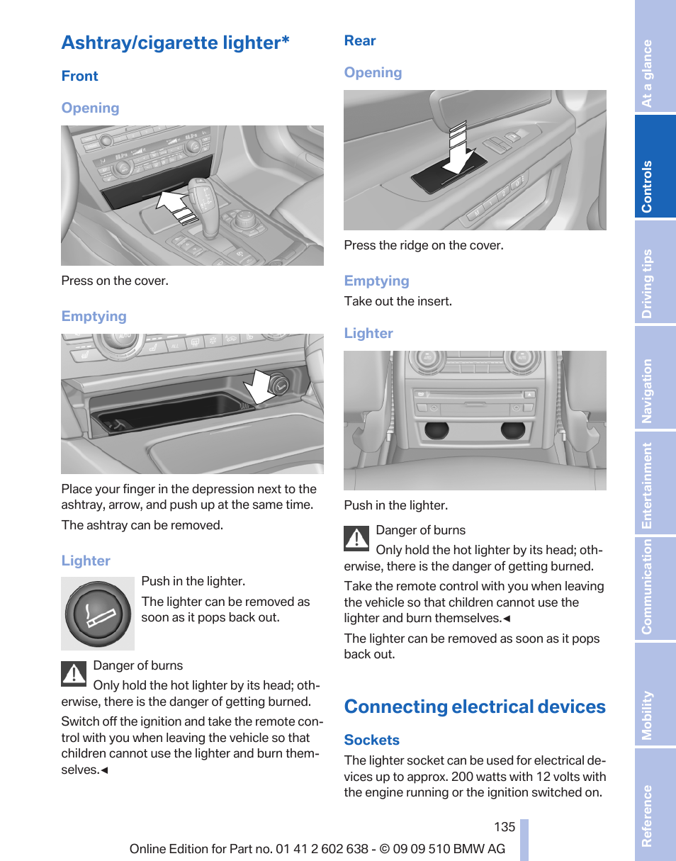 Ashtray/cigarette lighter, Connecting electrical devices | BMW 760Li Sedan 2010 User Manual | Page 135 / 280