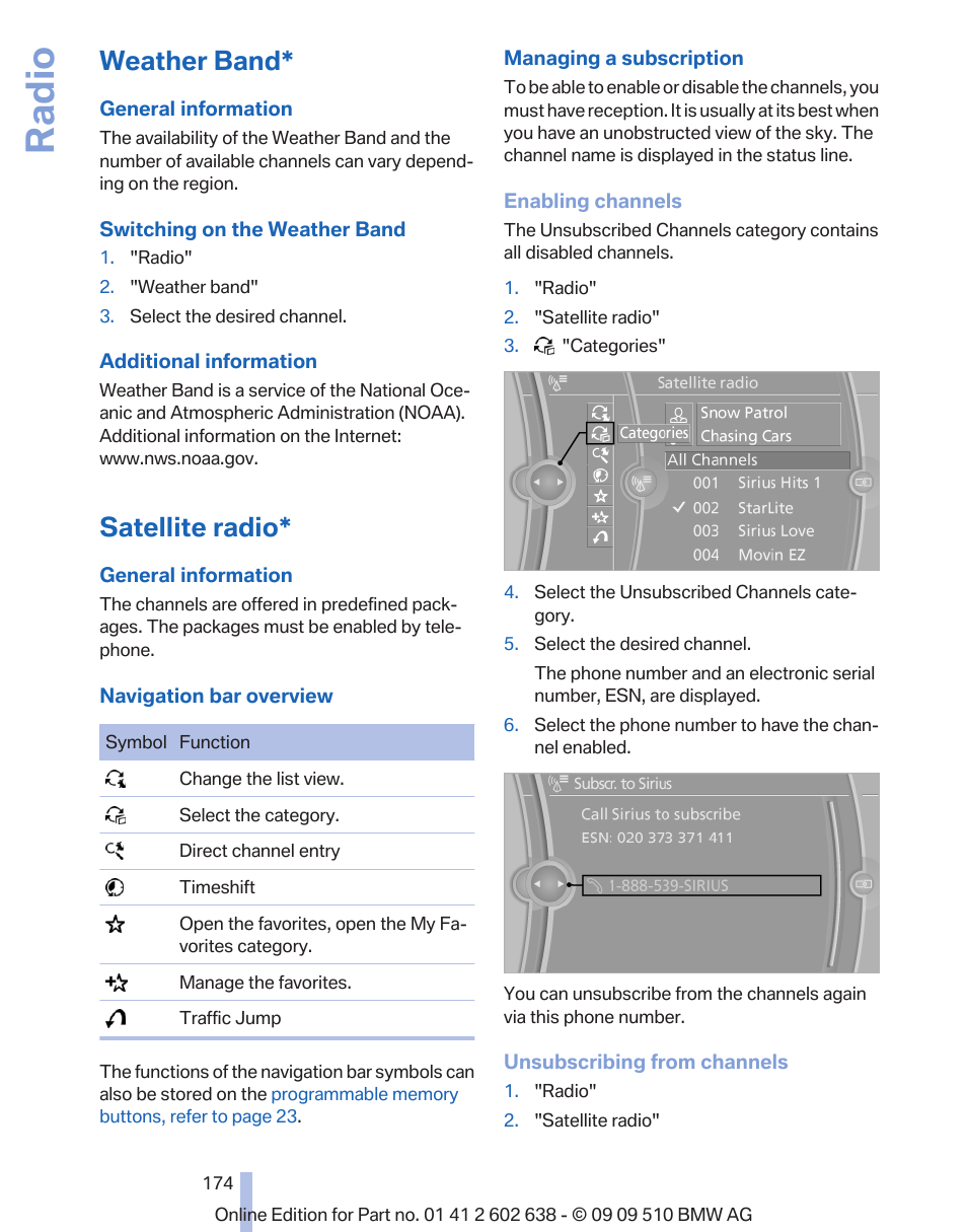 Weather band, Satellite radio, Radio | BMW 760Li Sedan 2010 User Manual | Page 174 / 280