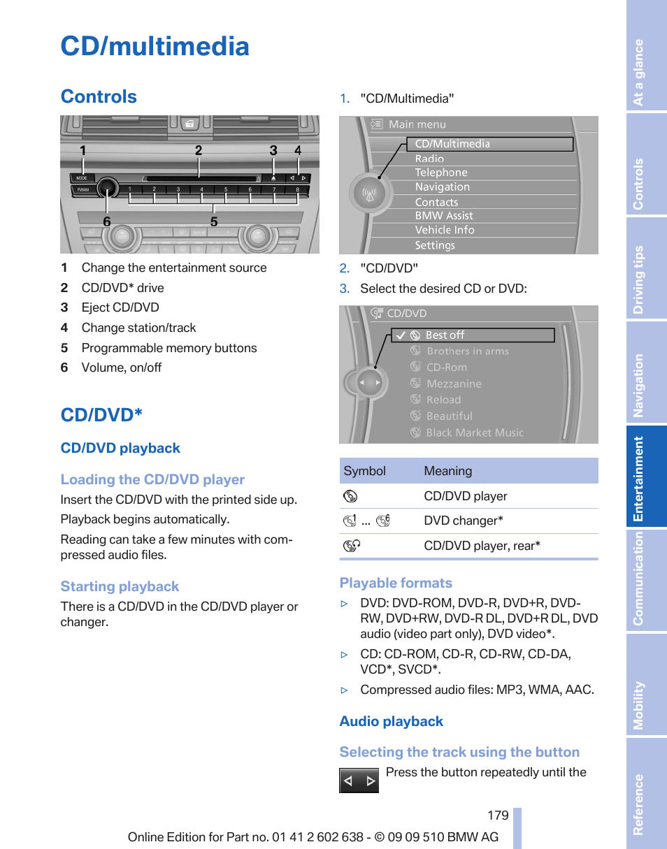 Cd/multimedia, Controls, Cd/dvd | Dvd 179 | BMW 760Li Sedan 2010 User Manual | Page 179 / 280