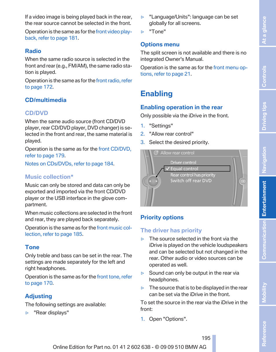 Enabling | BMW 760Li Sedan 2010 User Manual | Page 195 / 280