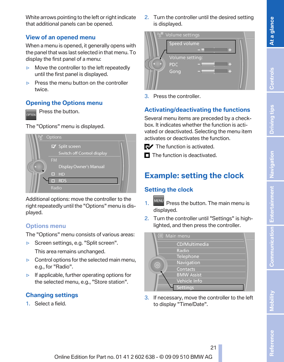 Example: setting the clock | BMW 760Li Sedan 2010 User Manual | Page 21 / 280