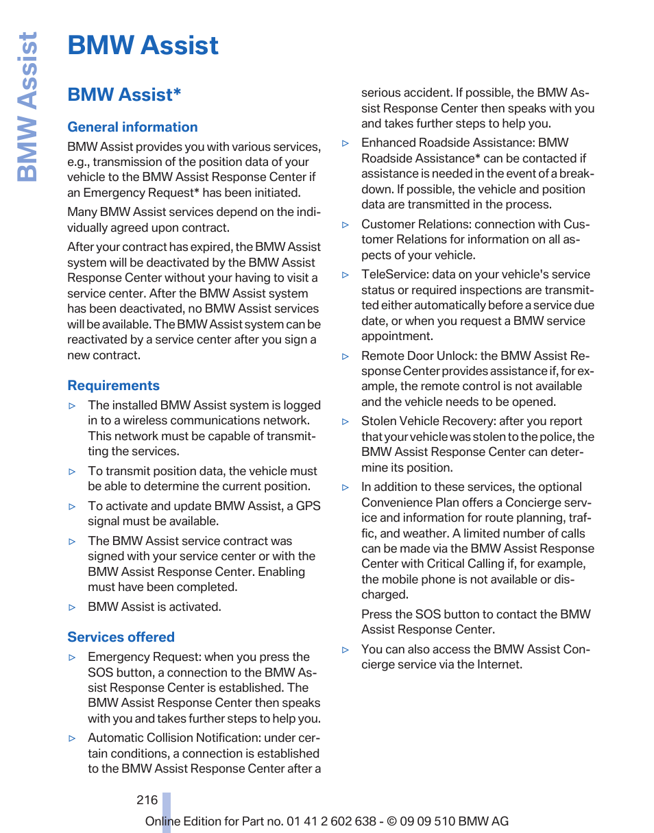 Bmw assist, Bmw assist in the | BMW 760Li Sedan 2010 User Manual | Page 216 / 280