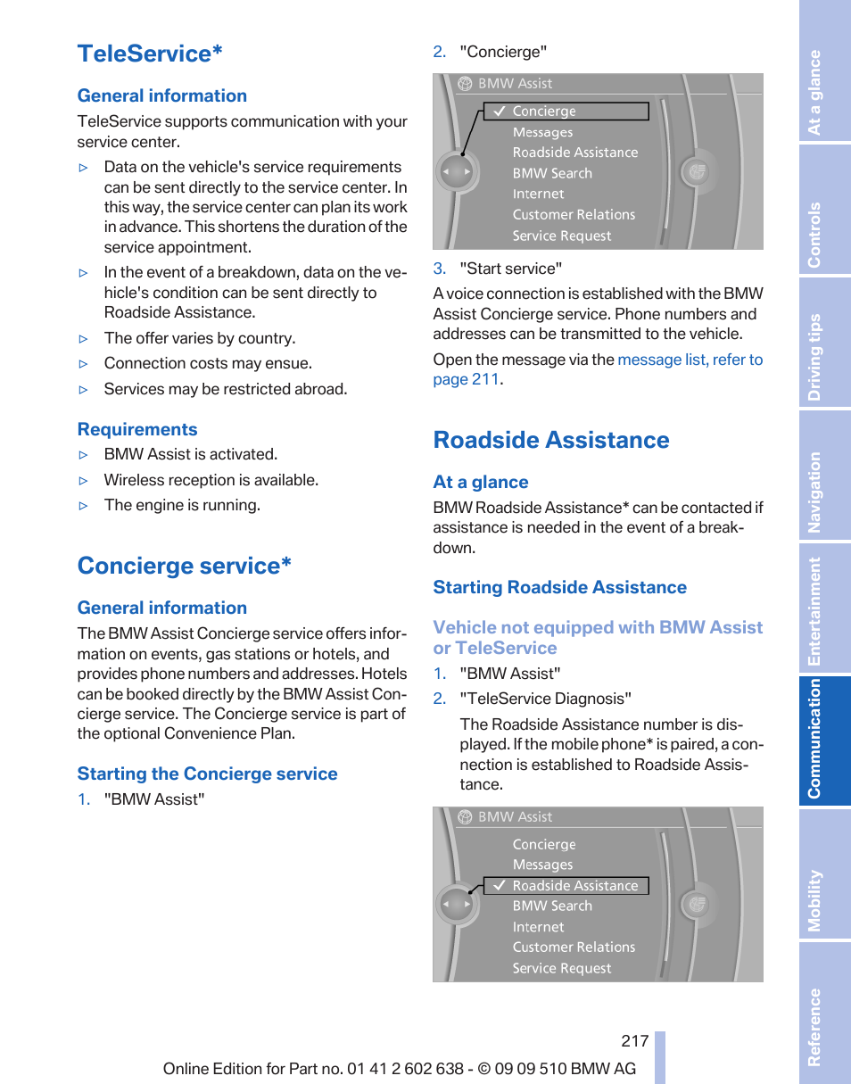 Teleservice, Concierge service, Roadside assistance | Fore a service due date, Automatic service re, Message from the concierge service, refer | BMW 760Li Sedan 2010 User Manual | Page 217 / 280