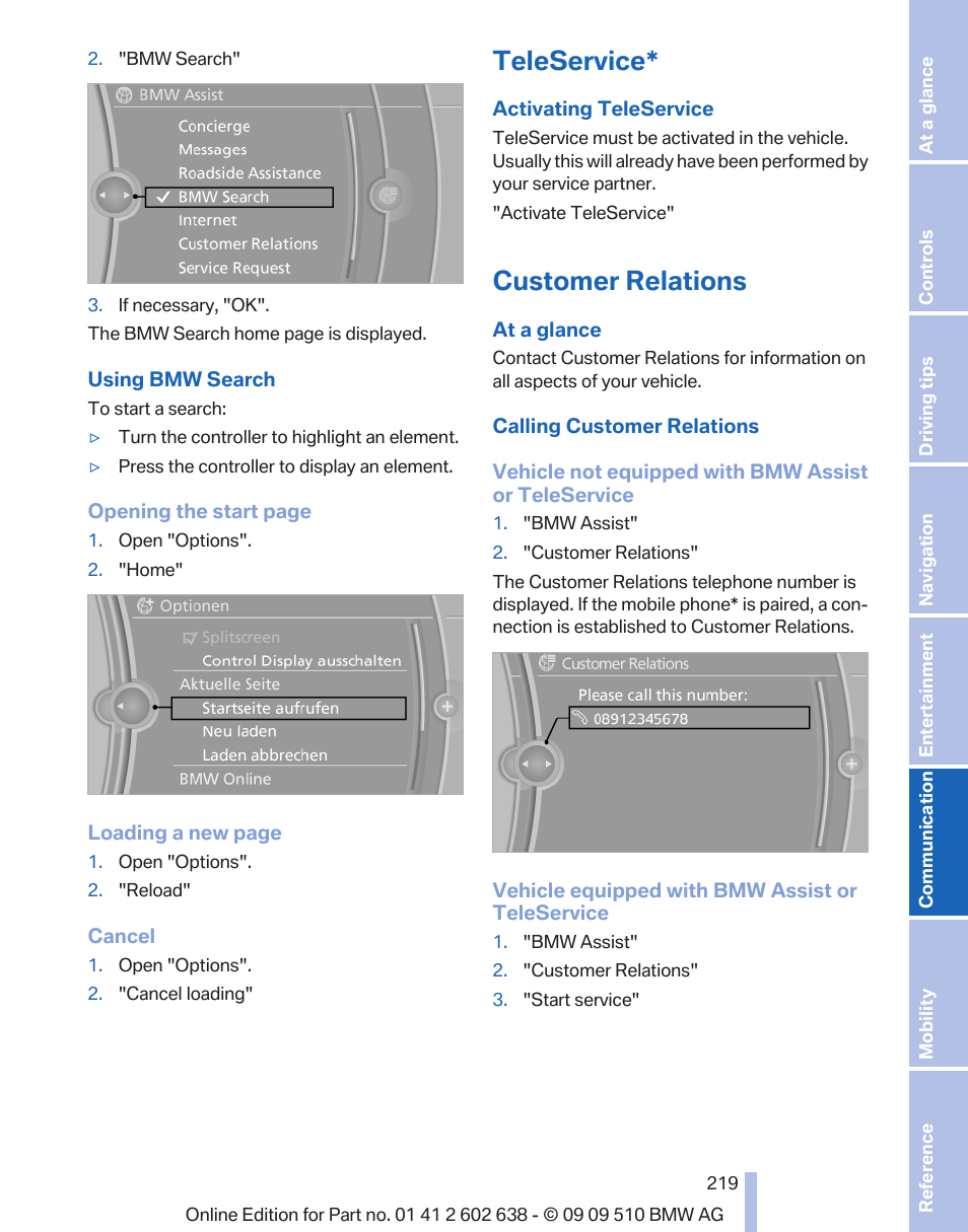 Teleservice, Customer relations | BMW 760Li Sedan 2010 User Manual | Page 219 / 280