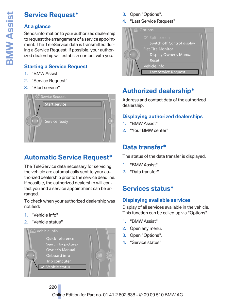 Service request, Automatic service request, Authorized dealership | Data transfer, Services status, Bmw assist | BMW 760Li Sedan 2010 User Manual | Page 220 / 280