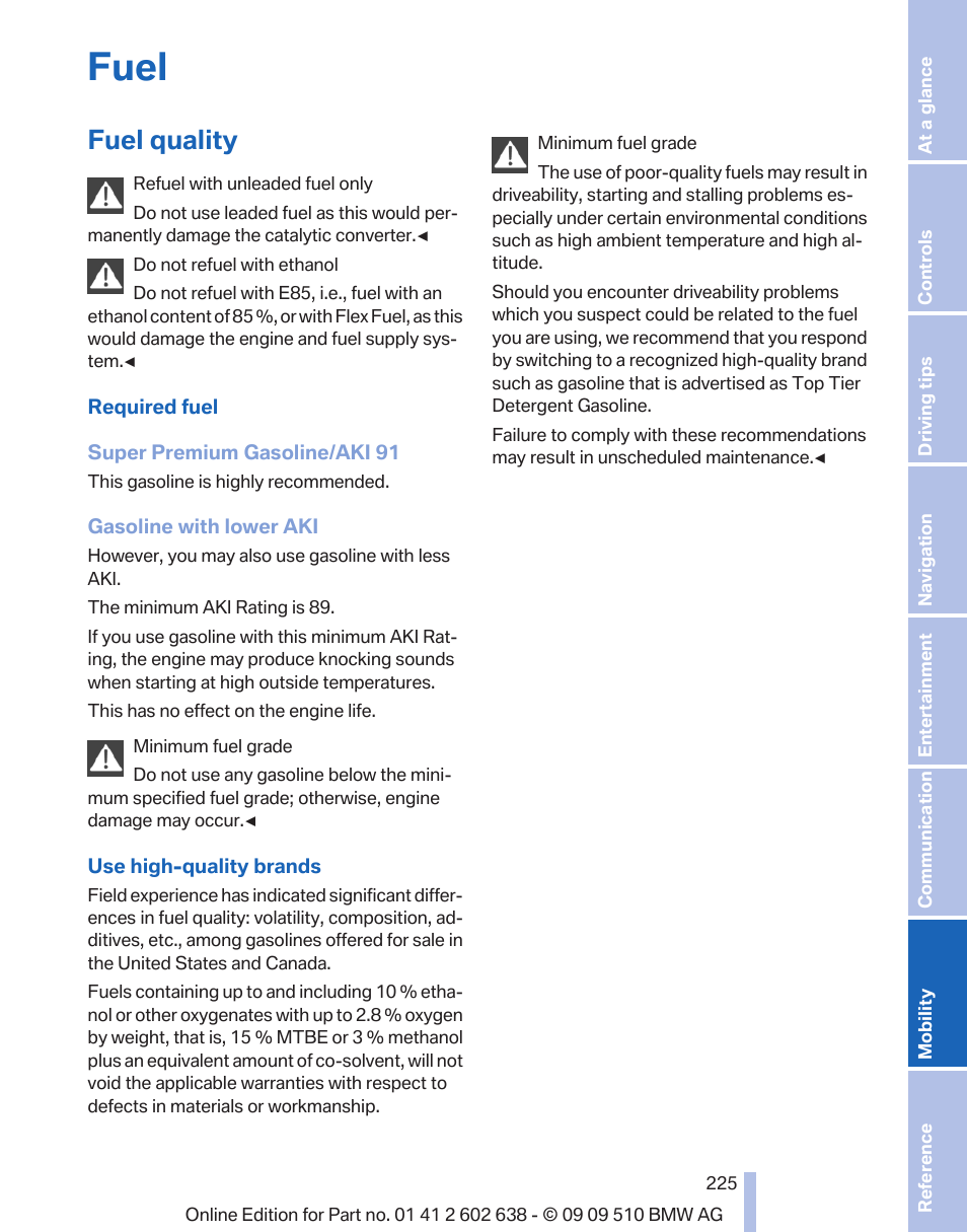 Fuel, Fuel quality | BMW 760Li Sedan 2010 User Manual | Page 225 / 280
