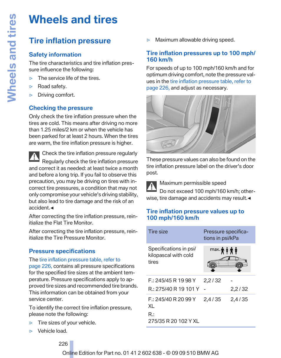 Wheels and tires, Tire inflation pressure, Tire inflation | BMW 760Li Sedan 2010 User Manual | Page 226 / 280