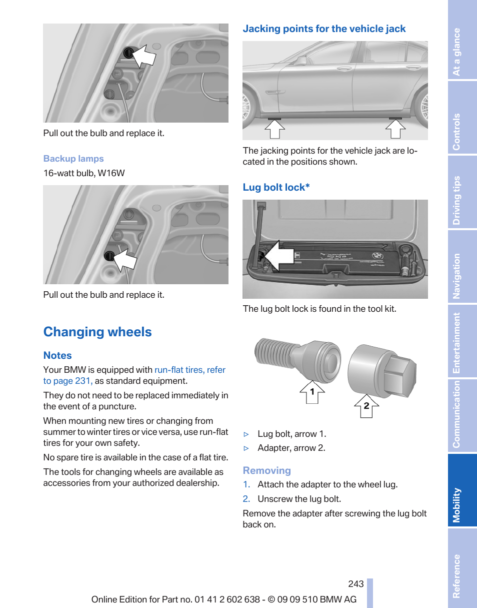 Changing wheels | BMW 760Li Sedan 2010 User Manual | Page 243 / 280