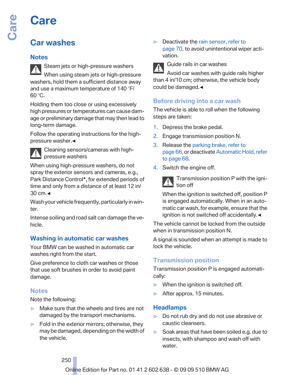 Care, Car washes | BMW 760Li Sedan 2010 User Manual | Page 250 / 280