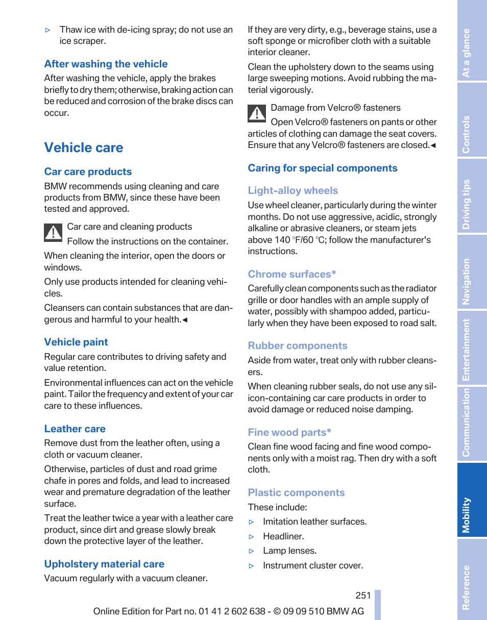 Vehicle care | BMW 760Li Sedan 2010 User Manual | Page 251 / 280