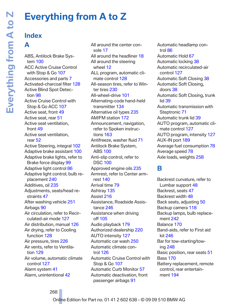 Ular topic or item is by using the, Index, refer to, Everything from a to z | Index a | BMW 760Li Sedan 2010 User Manual | Page 268 / 280