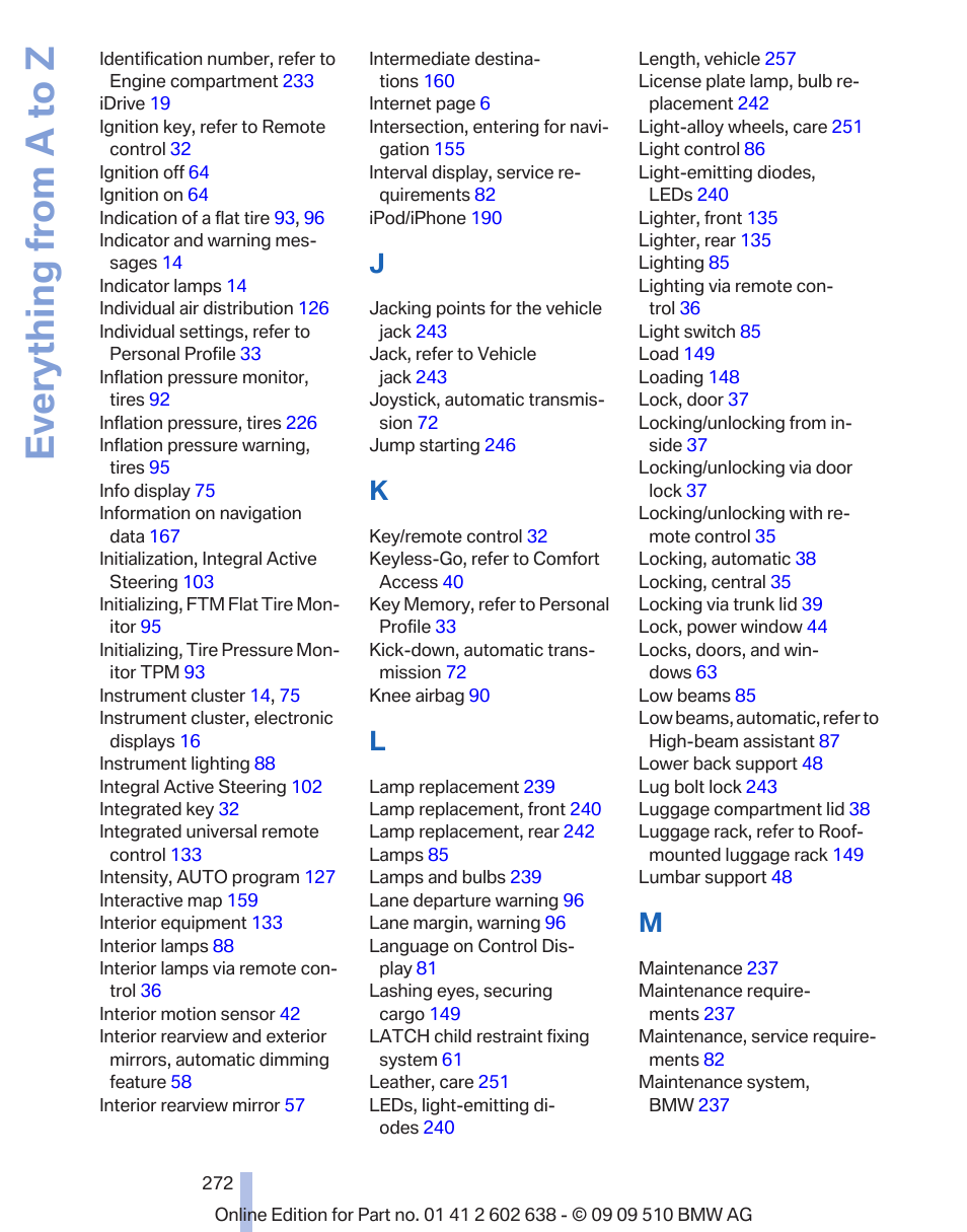 Everything from a to z | BMW 760Li Sedan 2010 User Manual | Page 272 / 280