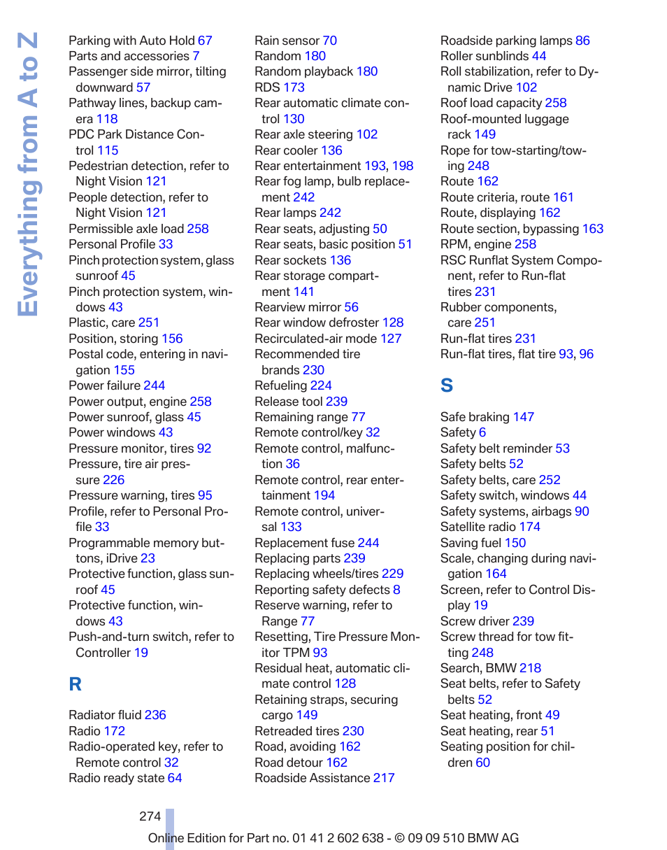 Everything from a to z | BMW 760Li Sedan 2010 User Manual | Page 274 / 280