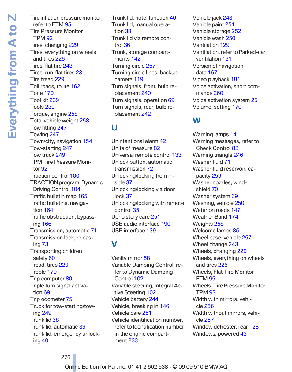 Everything from a to z | BMW 760Li Sedan 2010 User Manual | Page 276 / 280