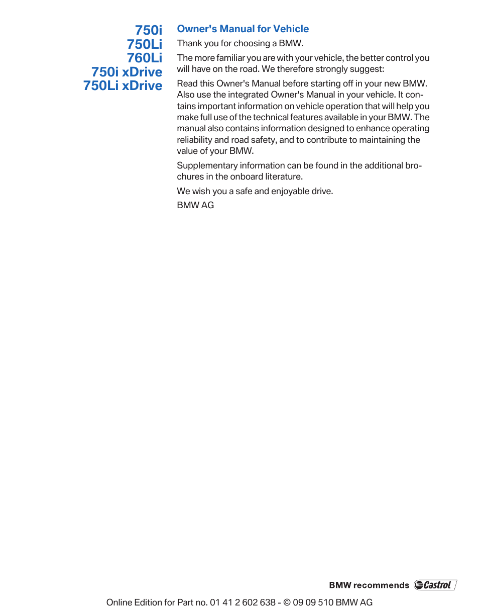 BMW 760Li Sedan 2010 User Manual | Page 3 / 280