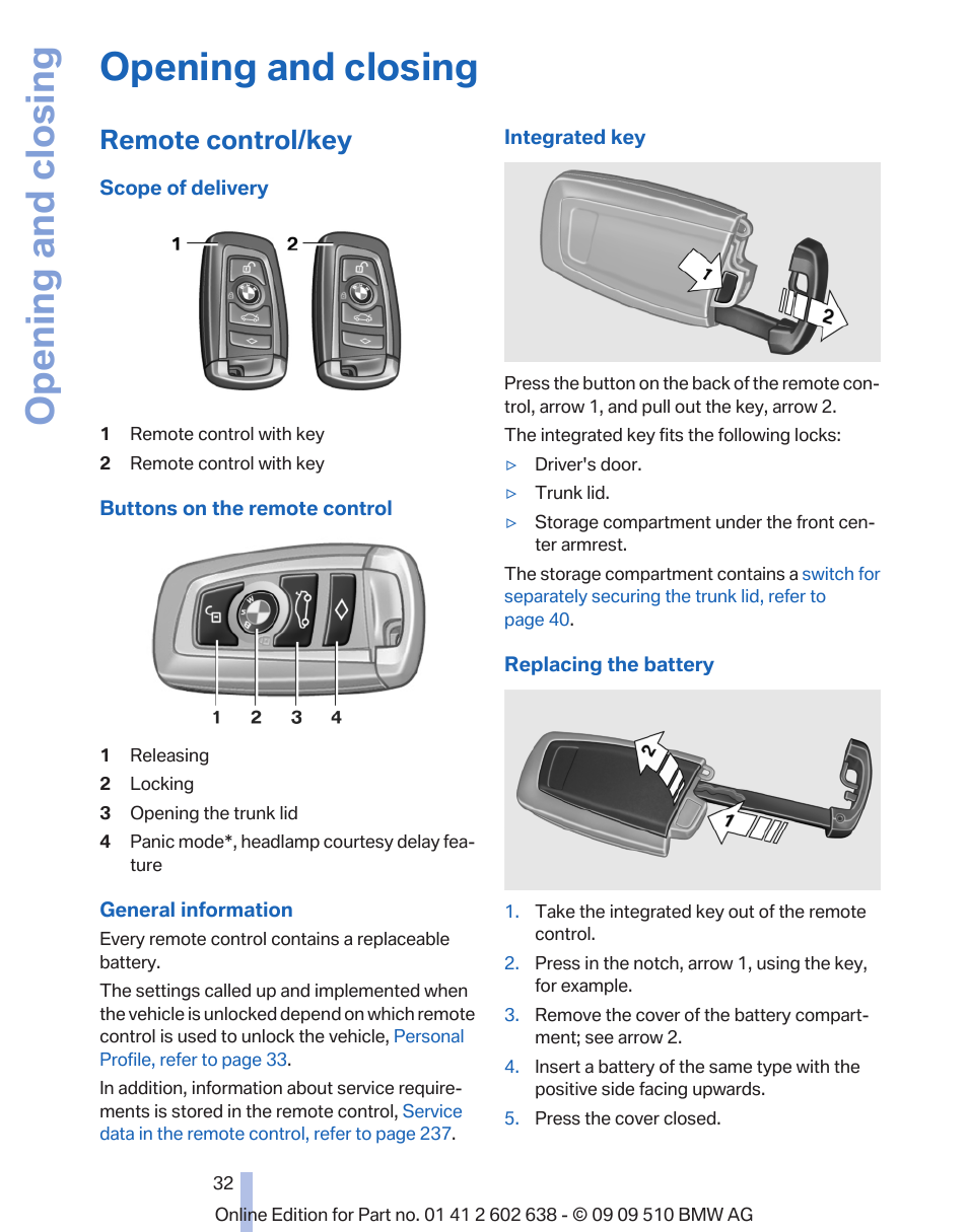 Opening and closing, Remote control/key | BMW 760Li Sedan 2010 User Manual | Page 32 / 280