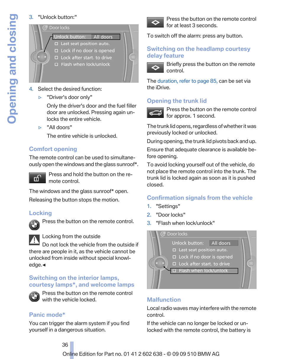 Opening and closing | BMW 760Li Sedan 2010 User Manual | Page 36 / 280