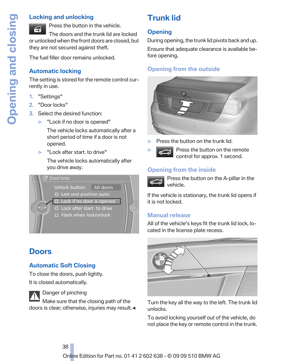 Doors, Trunk lid, After | Opening and closing | BMW 760Li Sedan 2010 User Manual | Page 38 / 280