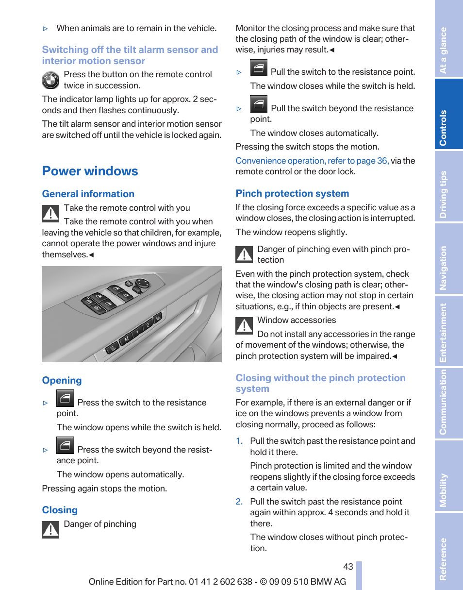 Power windows, Power windows 43 | BMW 760Li Sedan 2010 User Manual | Page 43 / 280