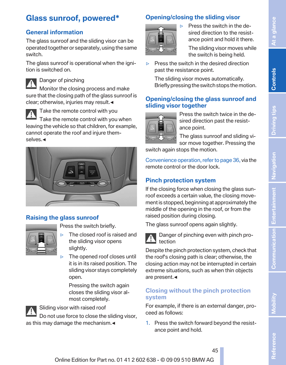 Glass sunroof, powered, Glass sunroof, powered* 45 | BMW 760Li Sedan 2010 User Manual | Page 45 / 280