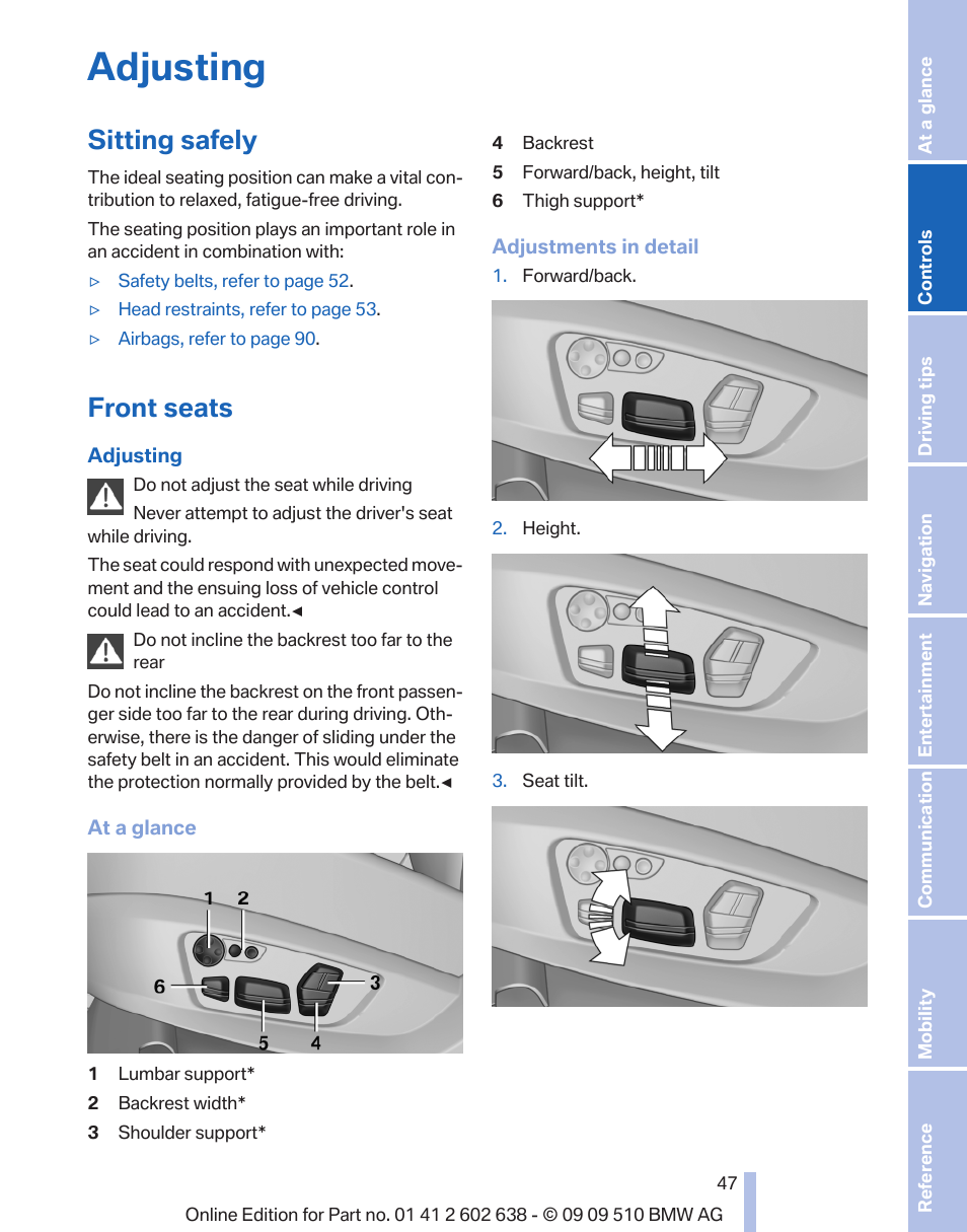 Adjusting, Sitting safely, Front seats | BMW 760Li Sedan 2010 User Manual | Page 47 / 280