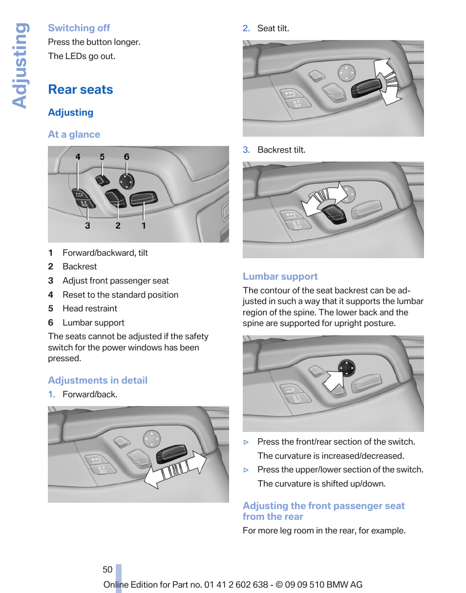 Rear seats, Adjusting | BMW 760Li Sedan 2010 User Manual | Page 50 / 280