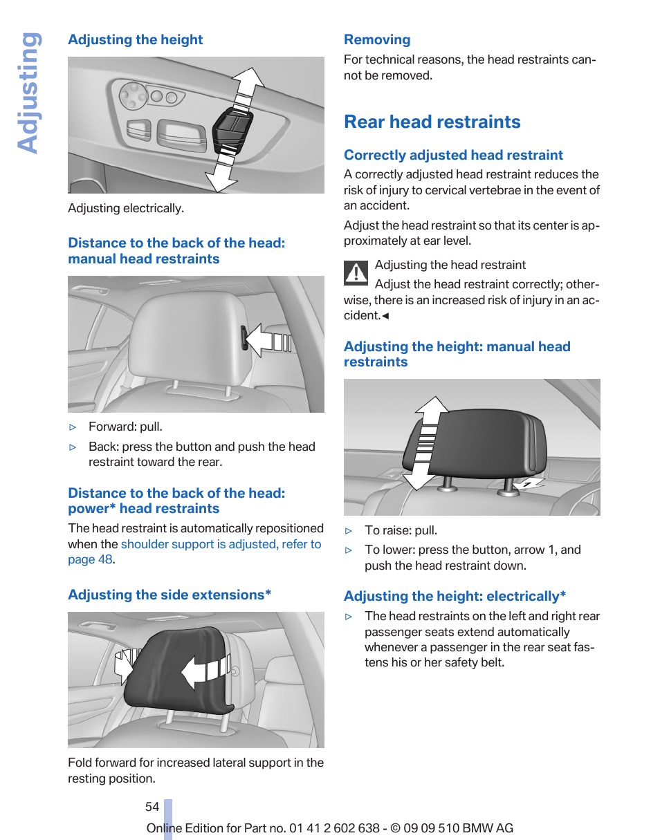 Rear head restraints, Adjusting | BMW 760Li Sedan 2010 User Manual | Page 54 / 280