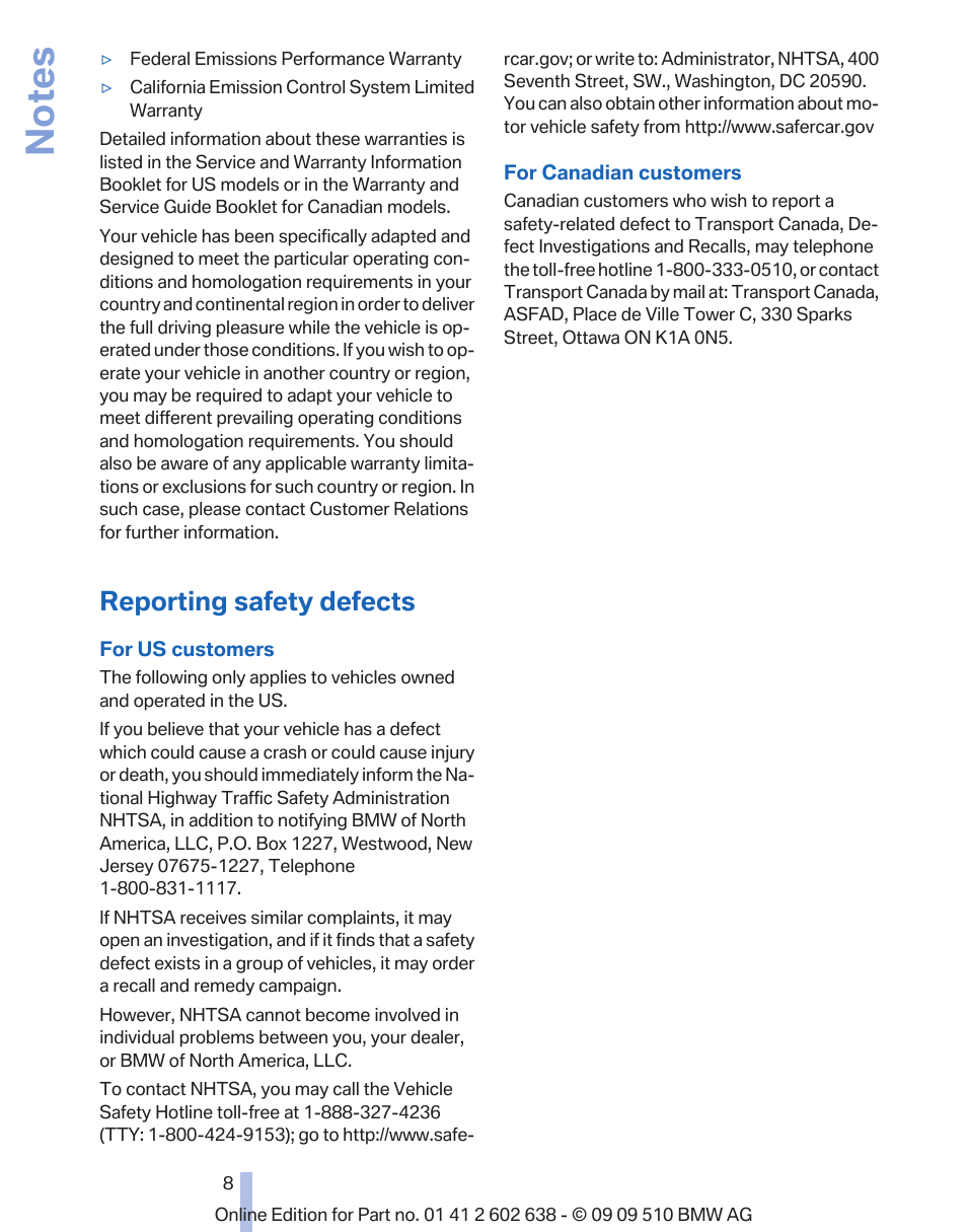 Reporting safety defects | BMW 760Li Sedan 2010 User Manual | Page 8 / 280